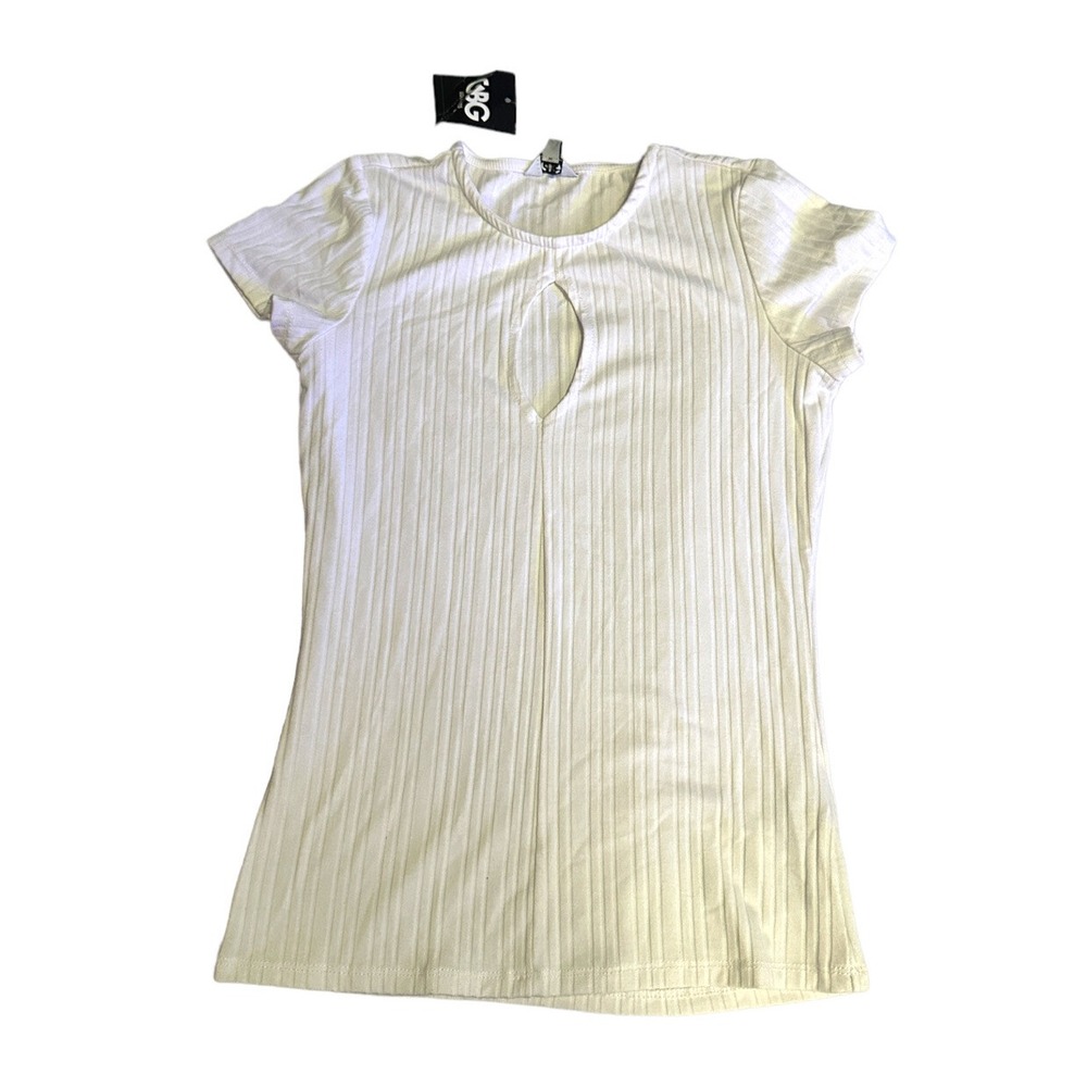 GBG Los Angeles Ribbed Keyhole Crewneck Short Sleeve Top Cream Ivory NWT Small
